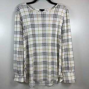 Ann Taylor Factory Blouse Womens L White Black Yellow Plaid Long Sleeve Preppy